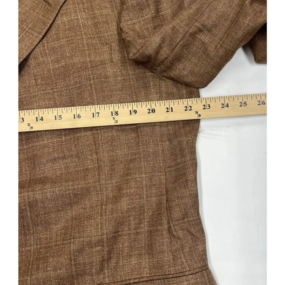 Hickey Freeman Mens Silk Linen Wool Plaid Blazer 44L Brown Sport Coat Jacket
